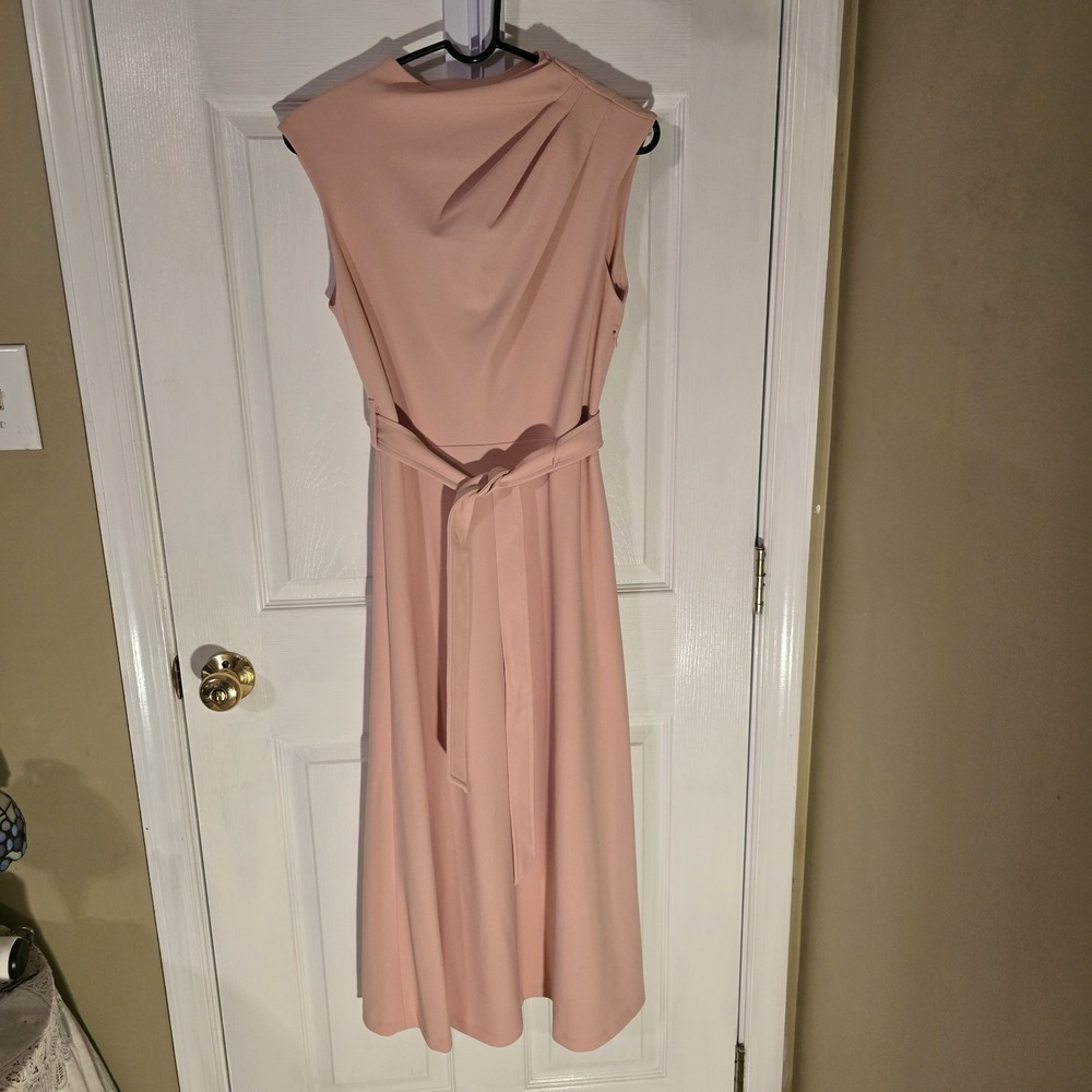 Calvin Klein Pink Pleated High Neck Cutout Back Tie Waist Midi Dress Size 6